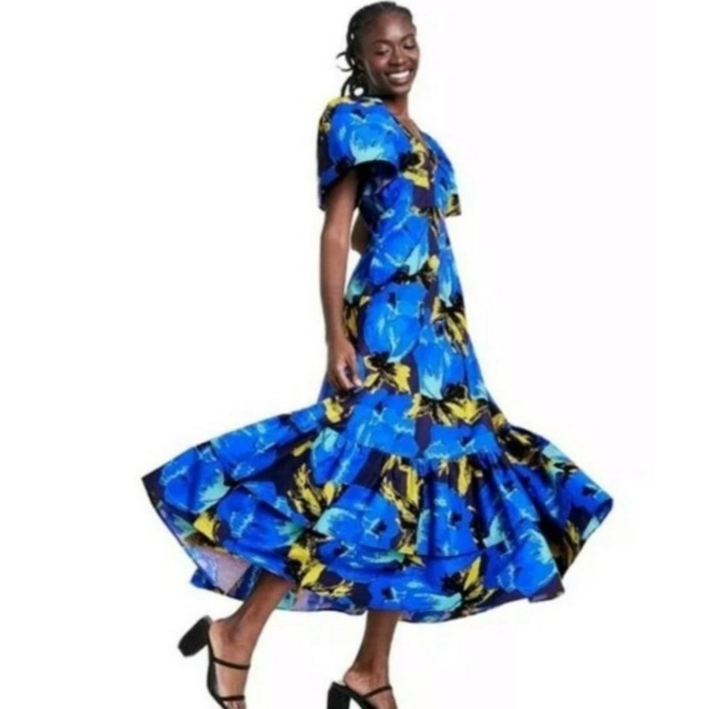 Christopher John Rogers Blue Floral Puff Sleeve Tiered Ruffle Maxi Dress 0